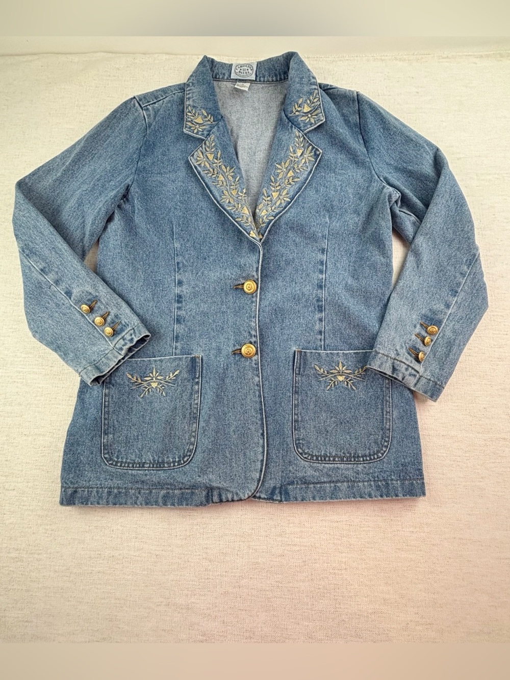 Vintage Carolina Blues embroidered denim blazer long sleeve gold button women L
